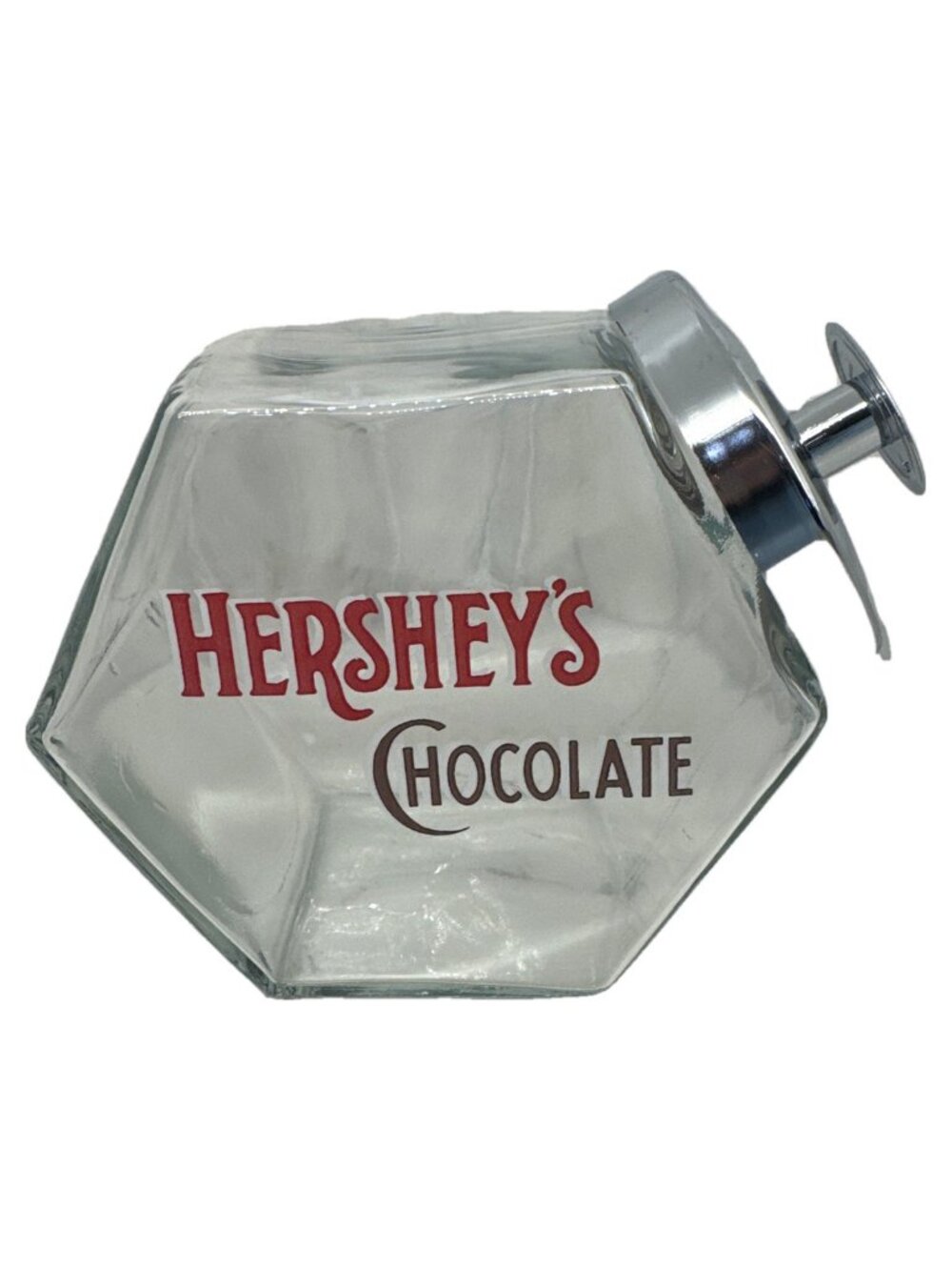 Hershey's Chocolate Glass Candy Jar Hexagon Slanted Chrome Lid Retro Candy Store